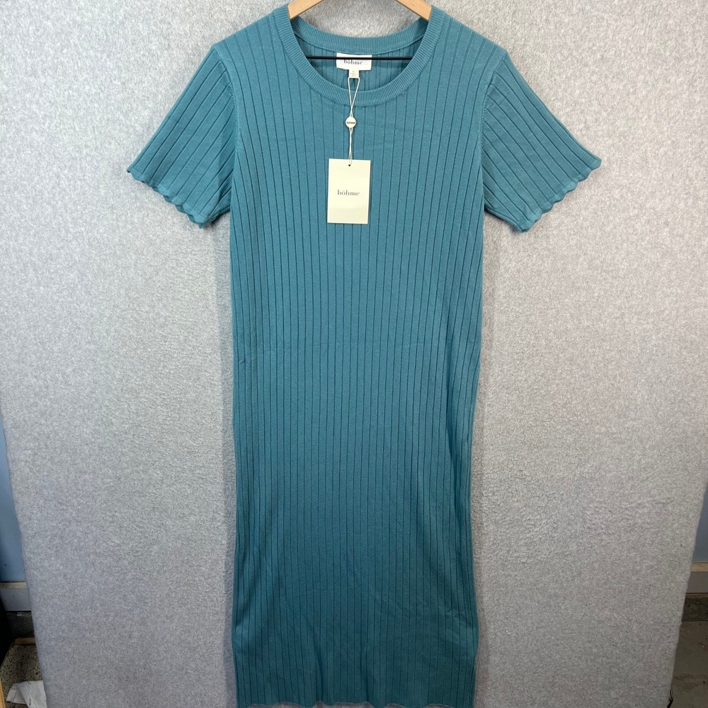Böhme Ribbed Knit Midi Dress Teal Blue Short Sleeve Crew Neck XL IW48397-B‎